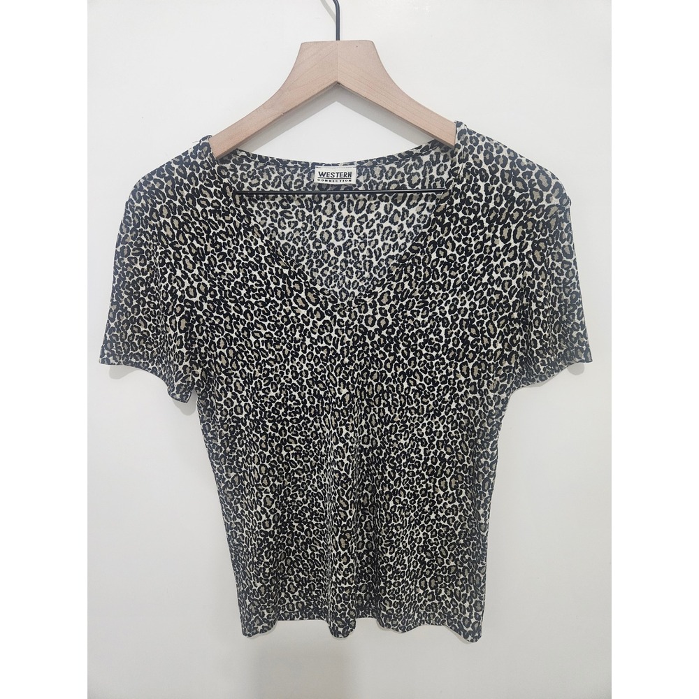 Western Connection Womens Leopard Print V-Neck Short Sleeve Top Small Animal Pri
